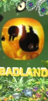 Badland game icon on green wallpaper with vibrant foliage.