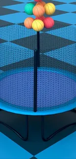 Colorful balls stacked on a trampoline with a geometric pattern background.