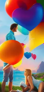 Colorful heart balloons on a scenic beach with vibrant sky.