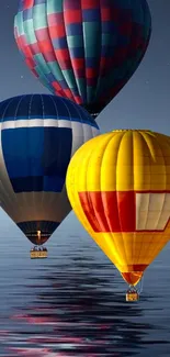 Colorful hot air balloons reflecting over a calm night sky, creating a tranquil scene.