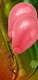 Bright wallpaper with red balloons on a green and orange abstract background.