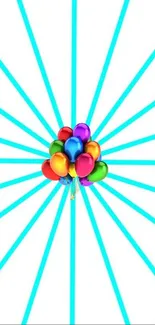 Colorful balloons with radiating blue lines on a white background.