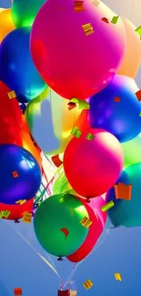 Colorful balloons with confetti in a festive mobile wallpaper.