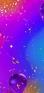 Colorful balloons with sparkling confetti on a vibrant purple gradient background.