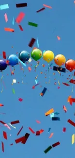 Colorful balloons and confetti on a bright blue sky wallpaper.