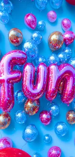 Colorful balloons spelling 'fun' on blue background.