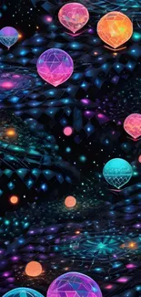 Colorful floating balloons in a cosmic space design.