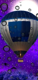 Hot air balloon soaring in a vibrant purple starry sky.