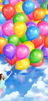 Colorful balloons floating in a bright blue sky with fluffy clouds.