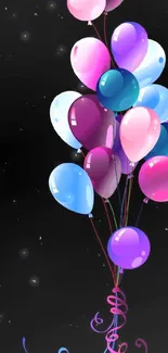 Colorful balloons floating on a black background.