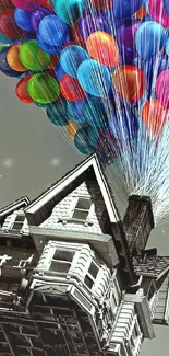 House lifted by vibrant balloons.