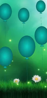 Teal balloons float above green grass and daisies.