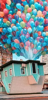 Upside-down house lifted by vibrant balloons in cityscape wallpaper.