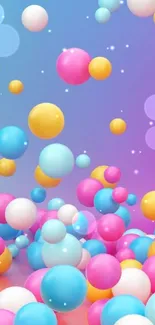 Colorful balloons mobile wallpaper with pink, blue, and yellow spheres.