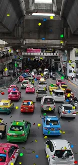 Lively Bangkok city traffic under elevated concrete structures with vibrant vehicles.