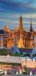 Bangkok skyline at twilight with illuminated temples.