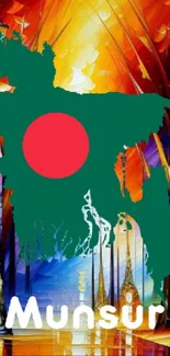 Colorful abstract Bangladesh map wallpaper with street lamps.