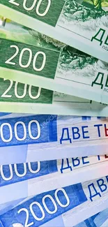 Colorful Russian banknotes wallpaper with vibrant hues.