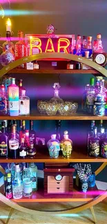 Eclectic bar shelf with colorful bottles and neon light.