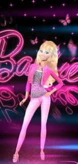 Barbie in neon pink outfit with butterflies on shining background.