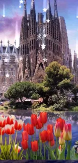 Majestic Barcelona architecture with tulips and a dreamy sky.