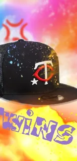 Baseball cap with vibrant colored background art featuring logos and dynamic design.