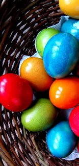 A basket filled with vibrant, colorful Easter eggs in a rustic setting.
