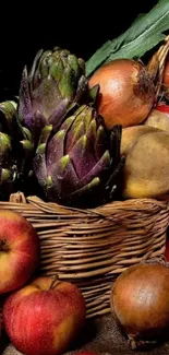 Basket filled with fresh produce including apples, artichokes, and tomatoes.