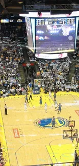 Exciting basketball game in a lively arena with a vibrant crowd.