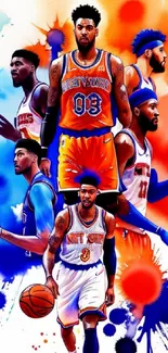 Artistic basketball wallpaper with orange and blue color splashes.