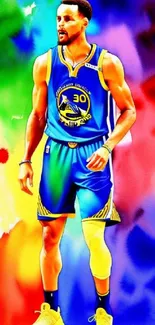 Vibrant basketball player with colorful watercolor background.