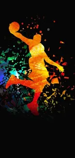 Vibrant silhouette of a basketball player with colorful splashes on a black background.