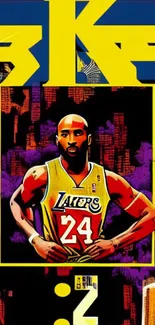 Basketball player artwork with vibrant urban skyline.