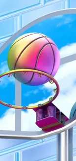 Vibrant basketball with colorful hoop against a blue sky backdrop.