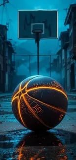 Glowing basketball on urban court at night.