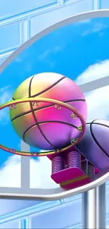 Colorful basketball hoop against blue sky.