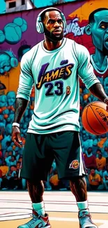 Basketball player with graffiti mural background.