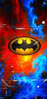 Dynamic Batman logo with vibrant abstract background in red and blue.