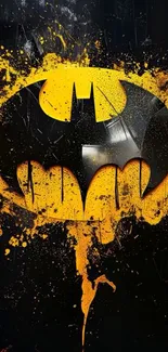 Batman logo with vibrant yellow splashes on dark background.