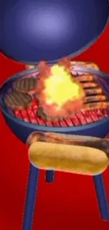 Colorful barbecue grill with fire and sausages on a red background.