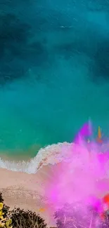 Vibrant aerial beach wallpaper with turquoise ocean and pink splash.