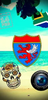 Vibrant beach wallpaper with shield, skull, and flag.