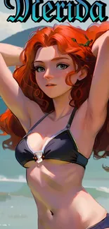 Anime-style character with red hair on a beach, vibrant and scenic.