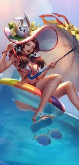 Anime character lounging on beach with colorful umbrella and float.