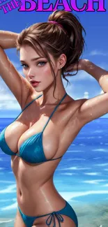 Anime-inspired beach scene with a woman in a blue bikini by the ocean.