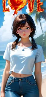 Anime girl standing on a tropical beach with clear skies.