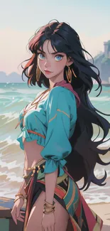 Anime girl standing by the sea with vibrant colors.