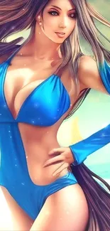 Digital artwork of a woman in blue swimwear at a sunny beach.