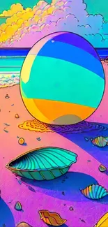 Vibrant fantasy art with a beach ball and seashells on a colorful coast.