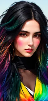 Stunning woman with rainbow hair by a vibrant ocean beach.